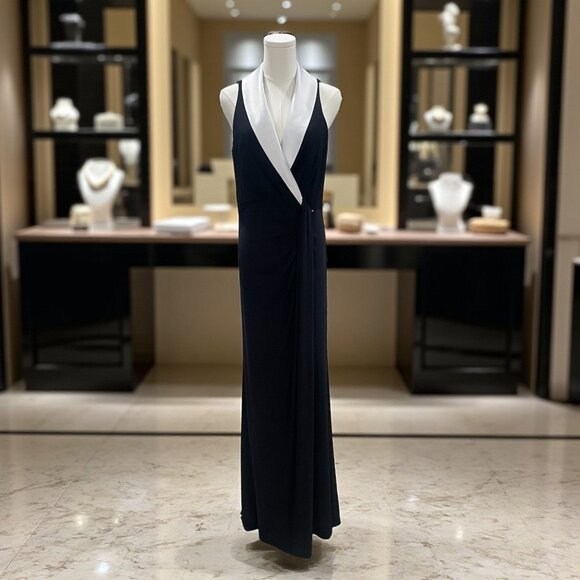 Adrianna Papell Black White Satin Collar Gown Size 8 Formal Evening Dress - Picture 1 of 11
